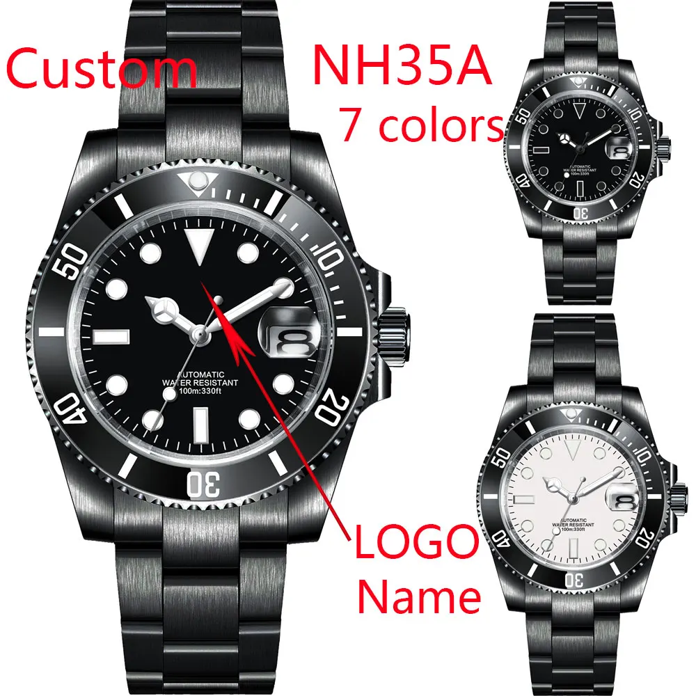 

Men's Watch DIY Custom Luxury Sapphire Crystal NH35 Miyota Automatic Mechanical Watch Black PVD 10Bar Swimming Date Male Clock