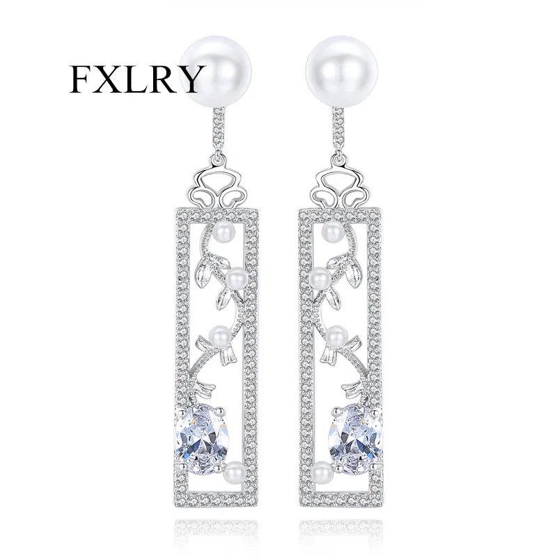 

FXLRY Elegant Delicate Geometic Flower Shape Clear Imitation Pearl CZ Drop Earrings For Women Party Fashion Jewelry