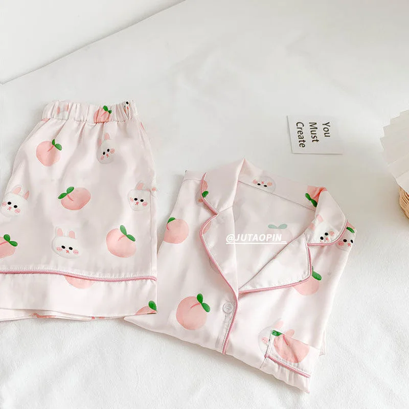 

Домашняя летняя Пижама, Однотонная ночная рубашка с коротким рукавом, кардиган, одежда, Женская кружевная Пижама с персиковым принтом, Шелк...