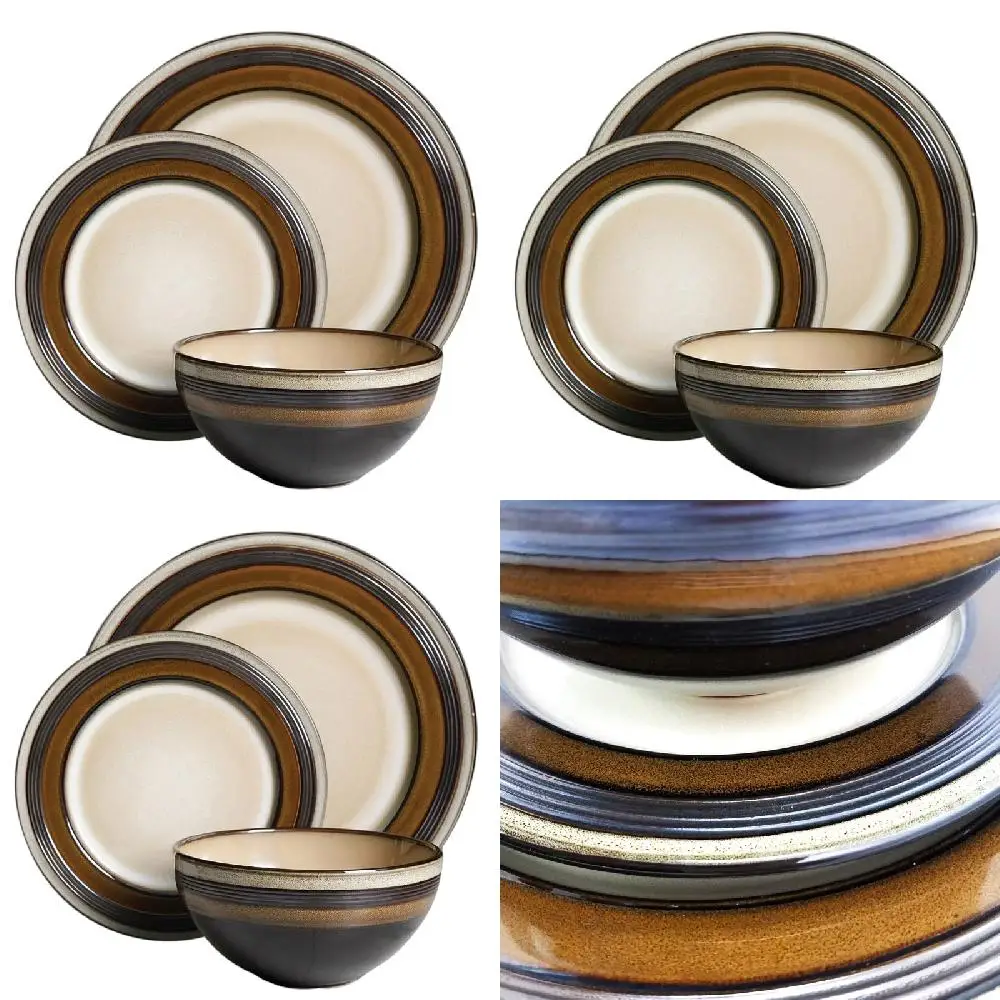 

12-Piece Reactive Metallic Brown Stoneware Tableware Set - Perfect for Dinner Parties & Family Gatherings.