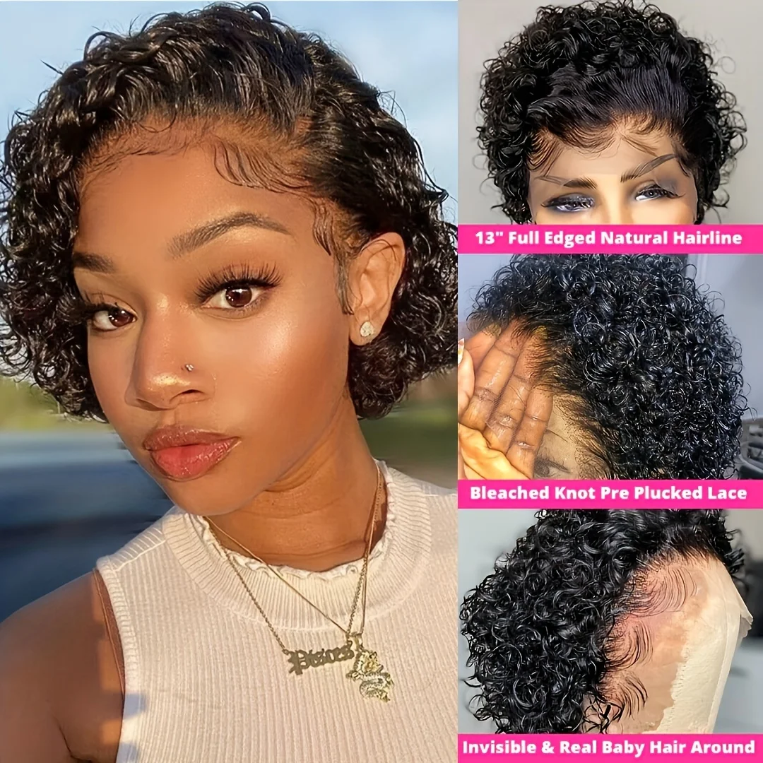 13x Парик Из Человеческих Волос Плотность 180% Короткие Вьющиеся Кружевные