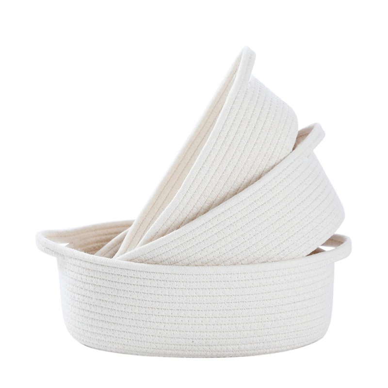 

3-Piece Cotton Rope Baskets With Handles Natural Cotton Oval Woven Storage Basket Set, Toy Basket