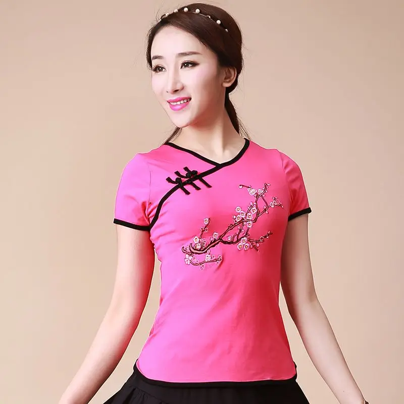 

Cheongsam Womens Plus Size Short Tops 2023 Autumn Cotton Blend Plum Blossom Embroidery Splicing Chinese Style Qipao Shirts Woman