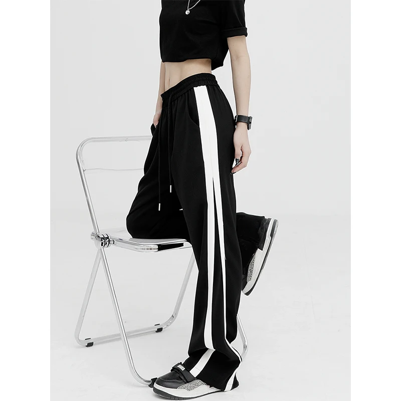 

Women's Black Sports Straight Pants White Edge Fashion High Waist Baggy Wide Leg Casual Self Cultivation Trouser Ladies Summer
