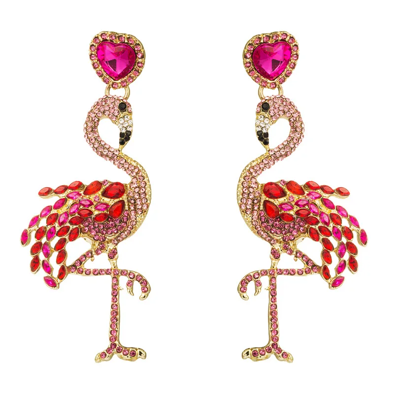 

Gold Statement Flamingo Drop Earrings for Women Large Fuchsia Crystals Dangle Luxury CZ Earrings