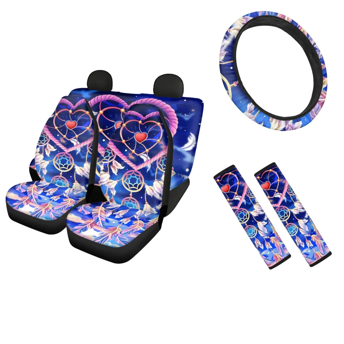 Front/Back Car Seat Covers Dream Catcher Printing Anti-Slip Auto Protector Heart Shape Seat Belt Sets and Steering Wheel Covers