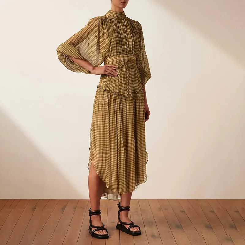 

Женское шифоновое платье-миди с длинным рукавом-фонариком и воротником-стойкой