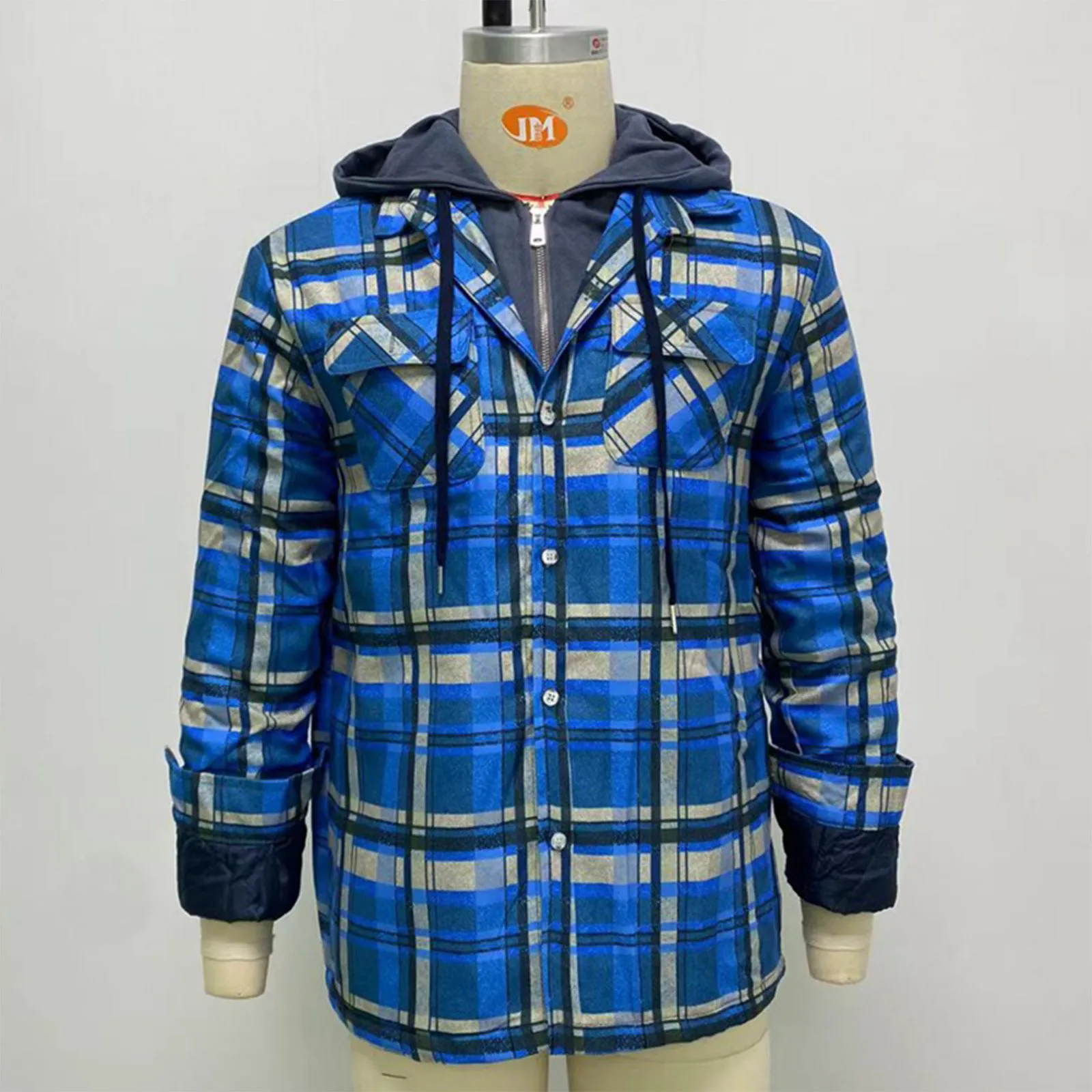

Men's Jackets Fashion Outerwear Quilted Lined Button Down Plaid Shirt Add Velvet To Keep Warm Jacket With Hood Vintage Clothing