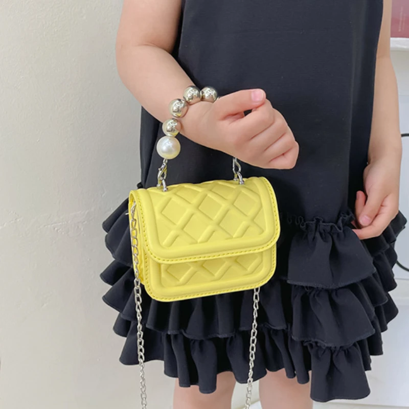 

Cute Girls Kids Mini Square Messenger Bag Princess Accessories Coin Purse Handbags Silver Beads Handle Children's Shoulder Bags