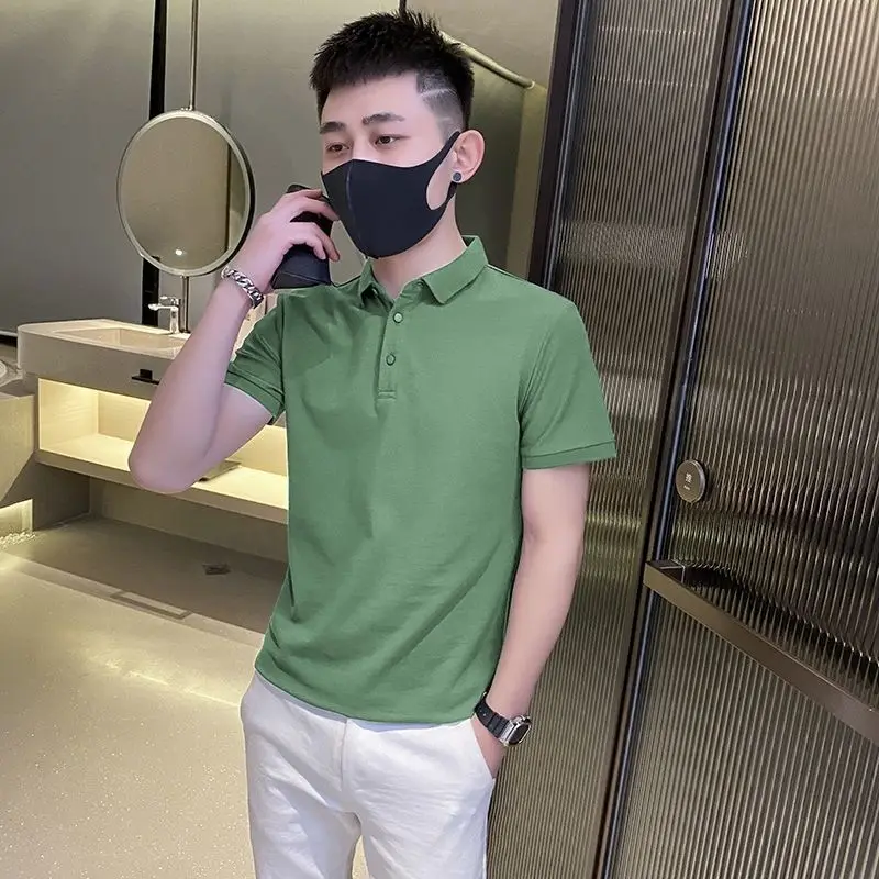 Мужская Однотонная рубашка-поло Повседневная с коротким рукавом модель A34 на