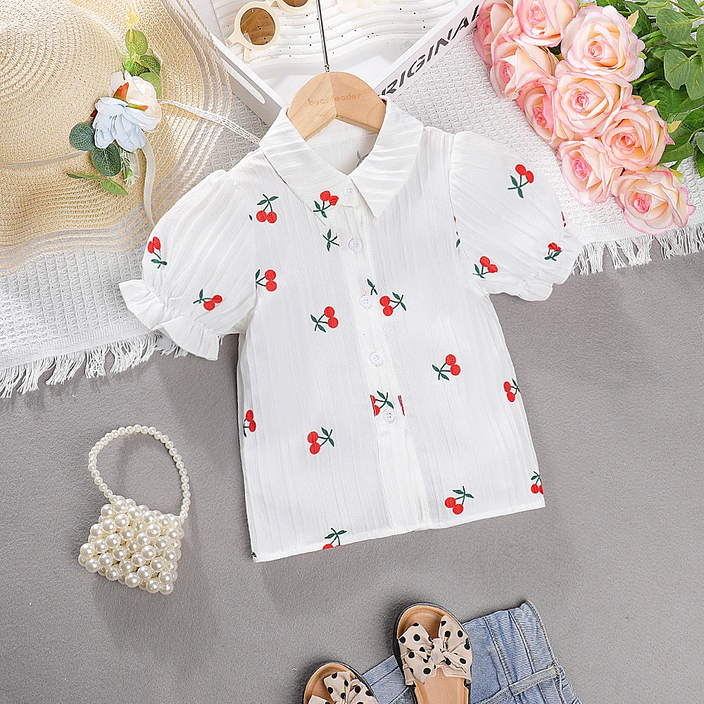 

Menoea Girls' Summer Short Sleeve New Children's Shirt Cherry Print Polo Top Fashion Sweet Children's Cute Clothing 4-7 Y