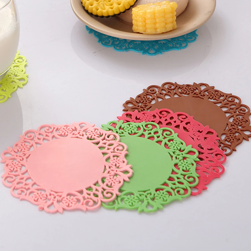 

15cm Cup Mat Silicone Coaster Anti-slip Coffee Tea Mats Pad Lace Flower Hollow Doilies Table Placemat Kitchen Accessories