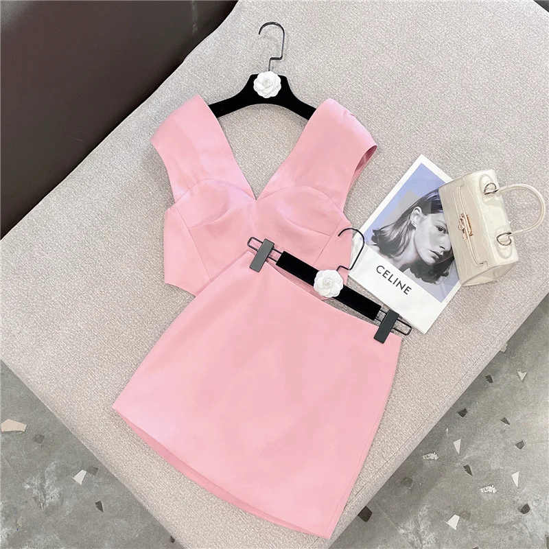 

Sleeveless 2022 V Neck Tank Tops Vest Crop Top Slim High Waist Short Skirt Two Piece Set Women Pink Outfits GF421