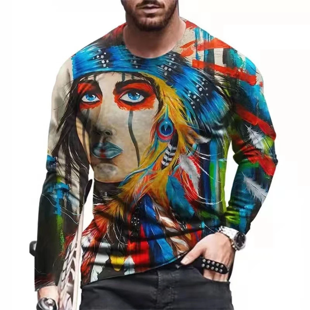 

Indian Culture Style 3d Print Summer Men's Round Neck T-shirt Casual Long Sleeve Oversized T Shirt Fashion Pullover Men Clothing