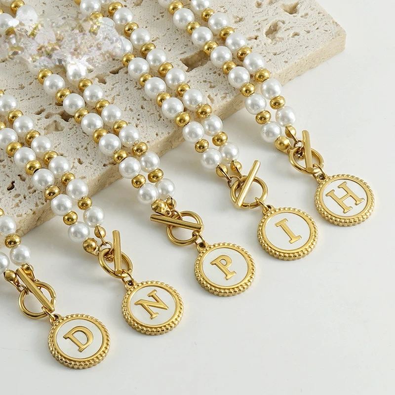

Ins New Pearl Chain Original Gold Color Vintage Letter Coin Shell Pendant Necklace for Women Initial 26 Alphabet Jewelry Gift