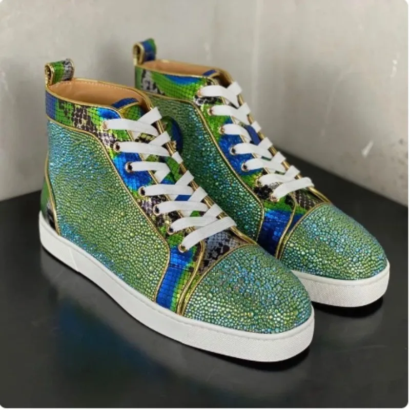 

Fashion Brand Shoes Designer Casual Green Rhinestone High Top Sneakers Party Red Bottom Shoes for Men Plus Size Suela Roja