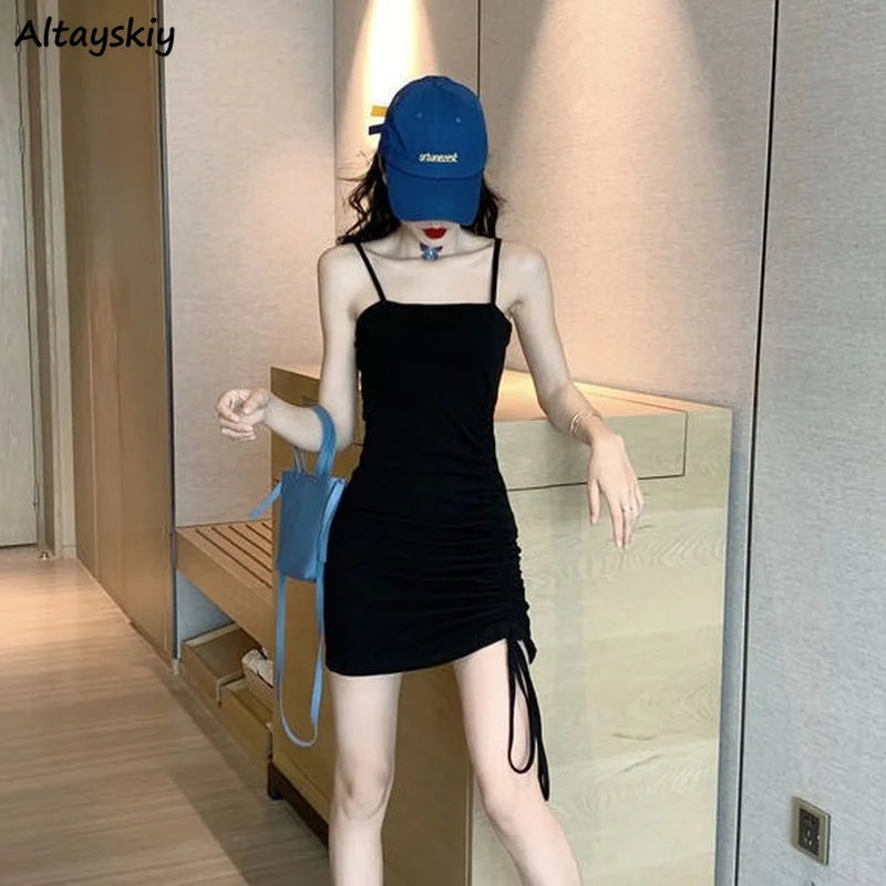 

Sleeveless Dress Women Sexy Slim Sweet Ins All-match Pleated Design Drawstring Basic Solid Korean Style Above Knee Casual Trendy