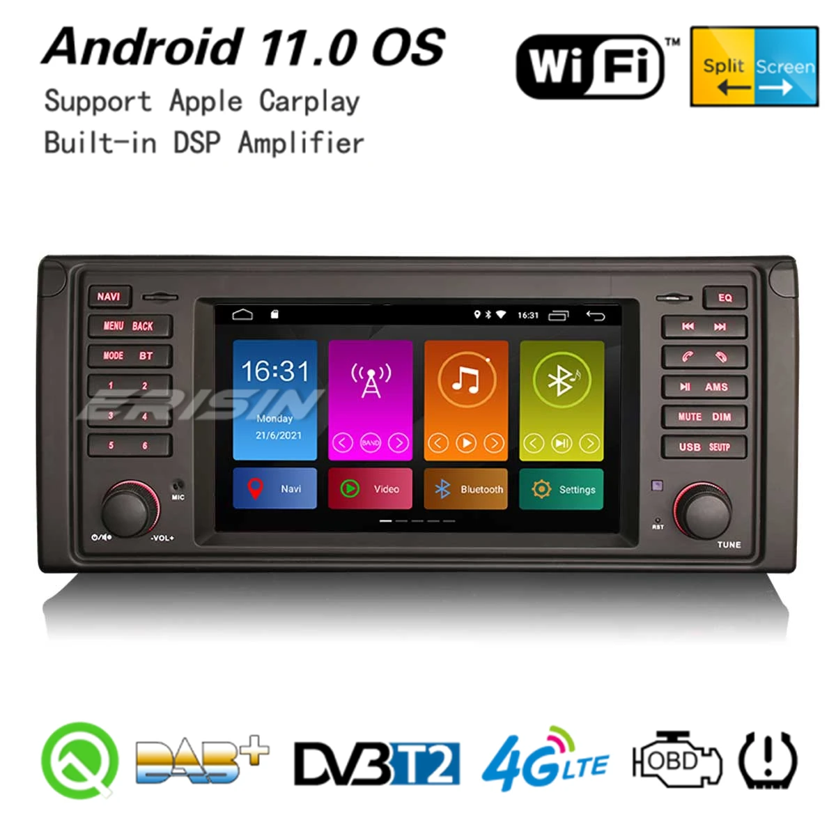 Erisin 3153 Андроид 11.0 Автомобильный стерео DAB+ Навигация WiFi CarPlay Satnav DVR OBD2 4G Bluetooth Canbus DSP GPS для BMW 5er E39 X5 E53 M5.