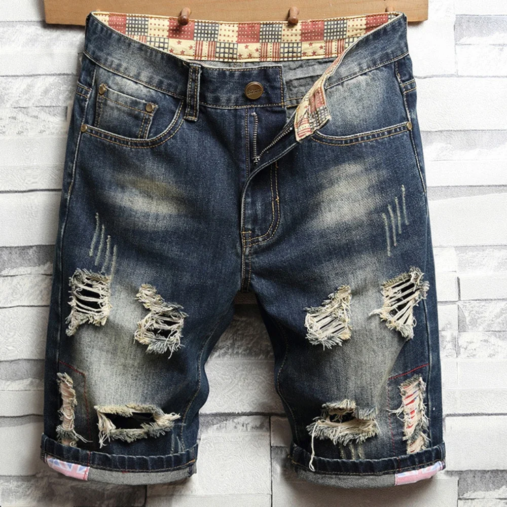 Hole Vintage Men Jeans Shorts Denim Distressed Knee Length Pockets Spliced Cuffs Skinny Washed Punk Style Ripped Mid Waist 2025
