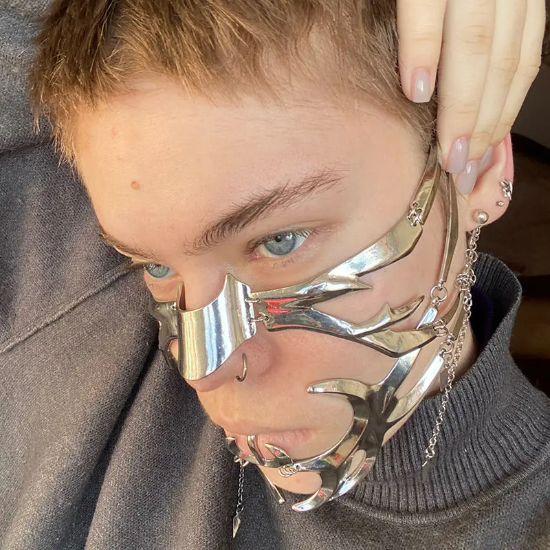 

Women Men Party Jewelry CyberPunk Mask Liquid Irregular Silver Hollow Titanium Steel Facial Accessories Party Cosplay Mask