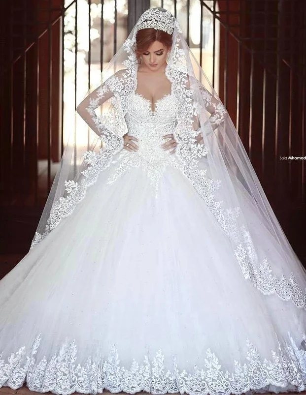 WAJY Luxury Vintage Full Sleeves Lace Wedding Dress 2020 Ball Gown Princess Bridal Wedding Gowns Vestido De Noiva