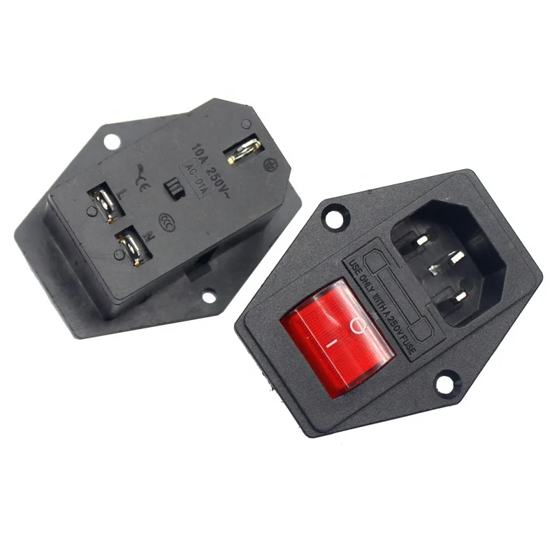 

10A 250VAC 3/4 Pin IEC 320 C14 inlet connector plug power socket with red rocker switch 10A fuse