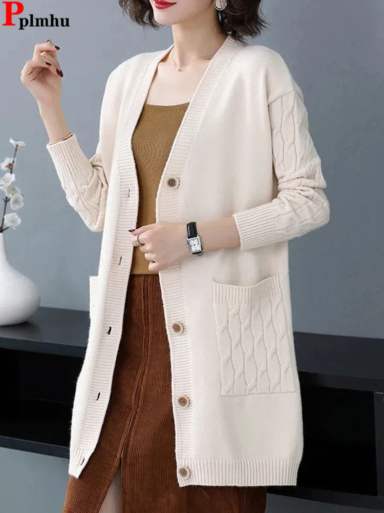 

Korean Slim Sweater Cardigan Casual Mid Length Knitwears Coat Basic Solid Malhas Jackets New Spring Elegant Tops Casaco