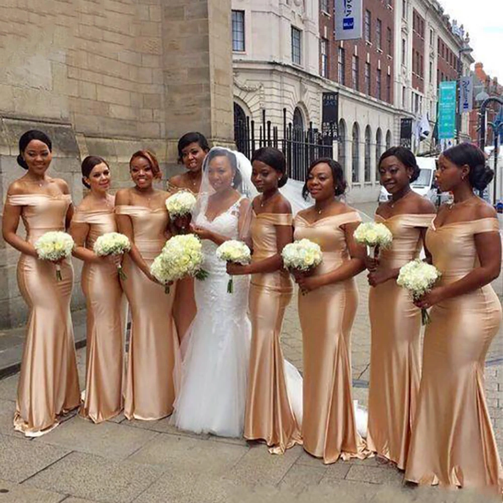 2022 Rose Gold Mermaid Bridesmaid Dresses Floor Length Off Shoulder Maid of Honor Dress For Wedding Guest Prom Gown Robe Invité