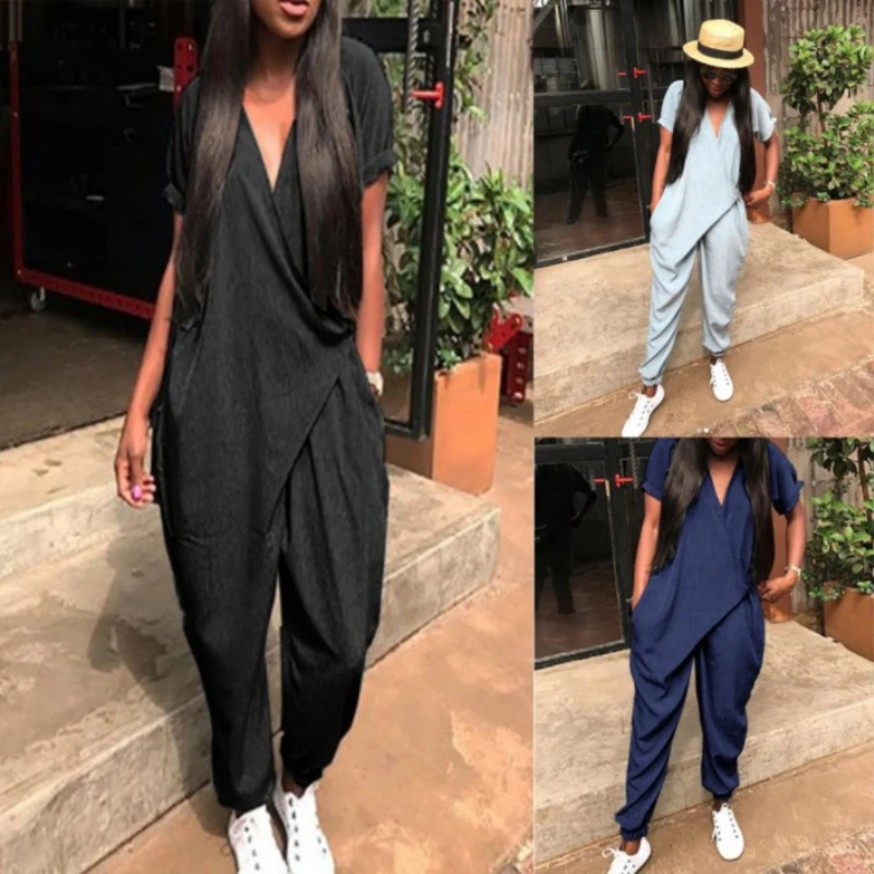 

Fashion New Rompers Womens Jumpsuit Casual Short-sleeved Deep V-side Lace-up Loose Jumpsuit for Women Overalls