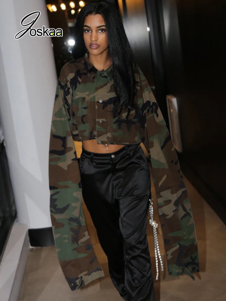 

Joskaa Camouflage Denim Jacket Women Fashion Lapel Extra-Long Sleeve Single Breasted Crop Tops Fall 2022 Casual Coat Streetwear