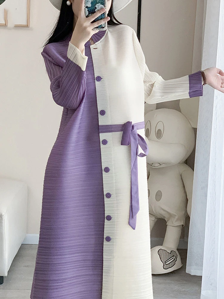 

Miyake Pleated Single Breasted Dress Women Color Block Irregular Loose Bandage Elegant Dresses Ladies Fashion Festival Clothing