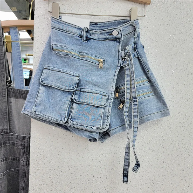 

Fashion Women Shorts Cargo Denim Pants with Pockets Y2K Streetwear 2023 Summer Korea Hakama Bandage Booty Shorts Jeans Trouser