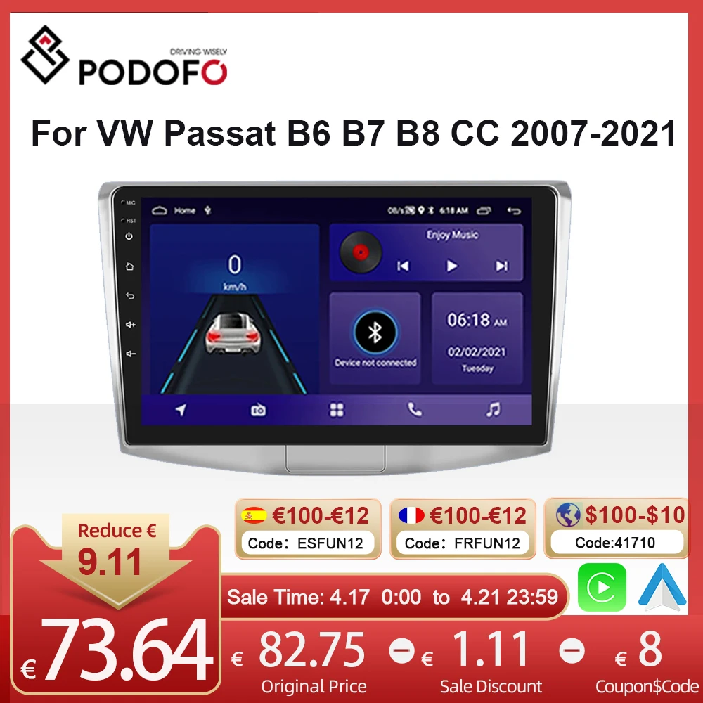 Автомагнитола Podofo Carplay Android Auto для Volkswagen VW Passat B6 B7 B8 CC 2007-2021 Мультимедийный плеер 2din AutoRadio 4G GPS Stereo on.