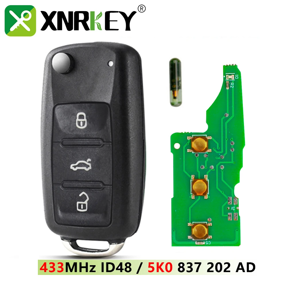 

XNRKEY 10Pcs 3 Button Flip Remote Car Key ID48 Chip 433Mhz for VW Volkswagen Polo Sedan Golf 6 Passat B6 Touran Bora 5K0837202AD