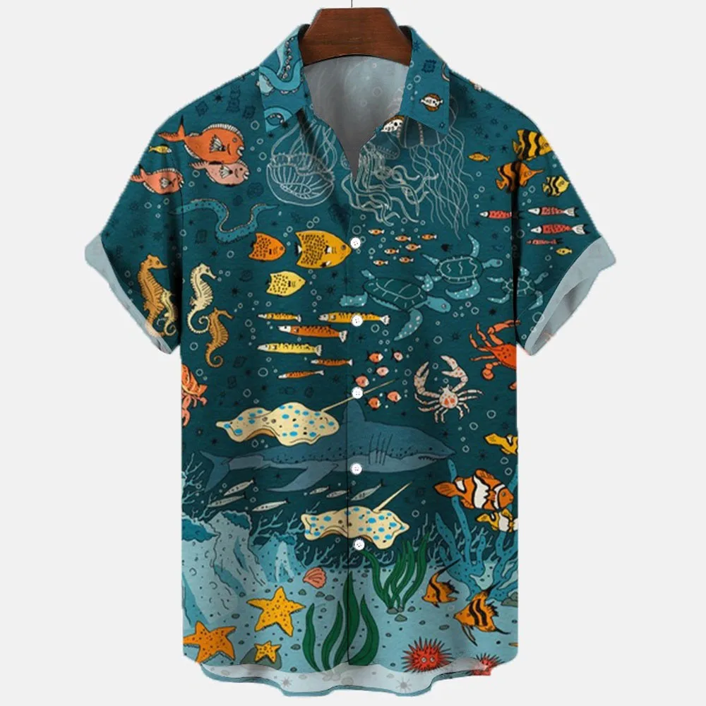 

Camisa hawaiana con estampado 3d de animales marinos para hombre, ropa informal de manga corta, suelta, de verano, 2022