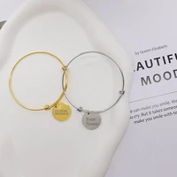 ecgift personalized adjustable stainless steel bangle with round pendant gold sliver custom text engraved name charm bracelets