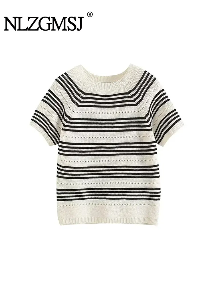 

Nlzgmsj TRAF Women New Fashion Casual O-Neck Short Sleeve Female Striped mesh Tee loose Black White Color block Lady Tops