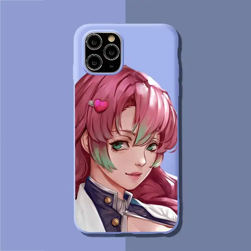 

YNDFCNB Mitsuri Kanroji Kimetsu No Yaiba Phone Case for iPhone 11 12 13 Mini Pro Xs Max Plus X XR Solid Candy Color Case