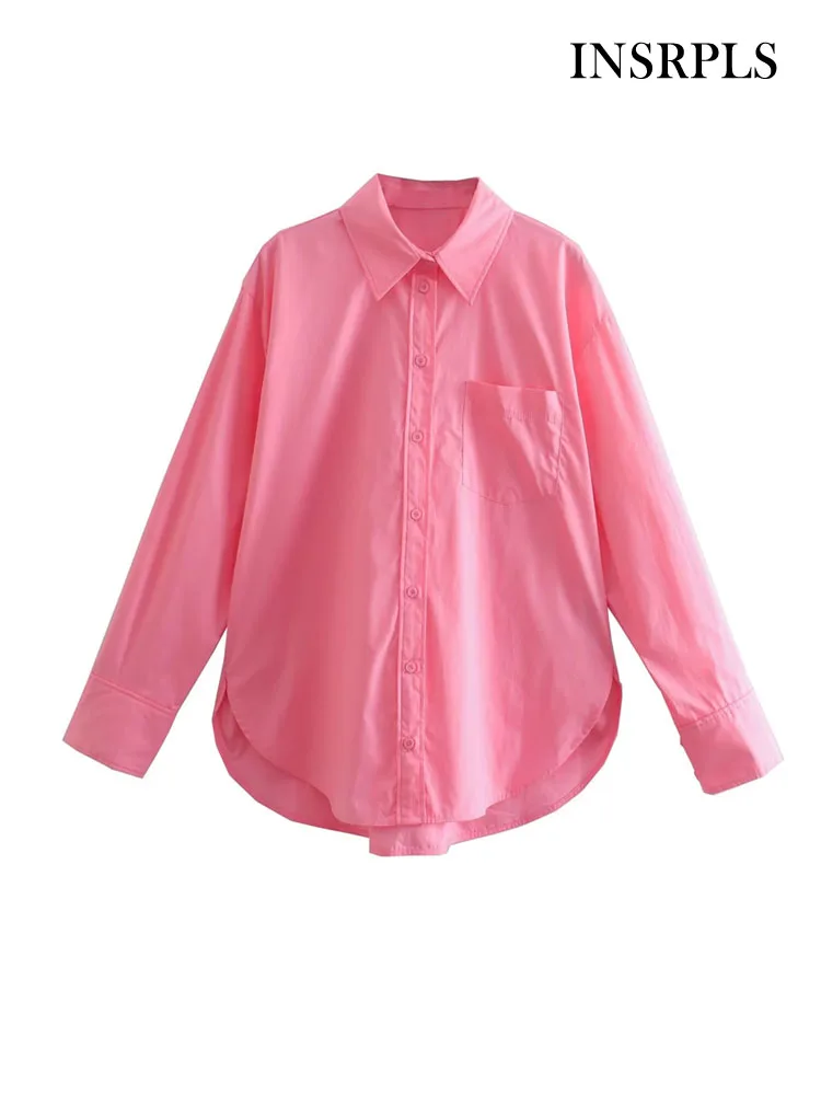 

INSRPLS Women Fashion Patch Pocket Poplin Loose Shirts Vintage Long Sleeve Front Buttons Female Blouses Blusas Chic Tops