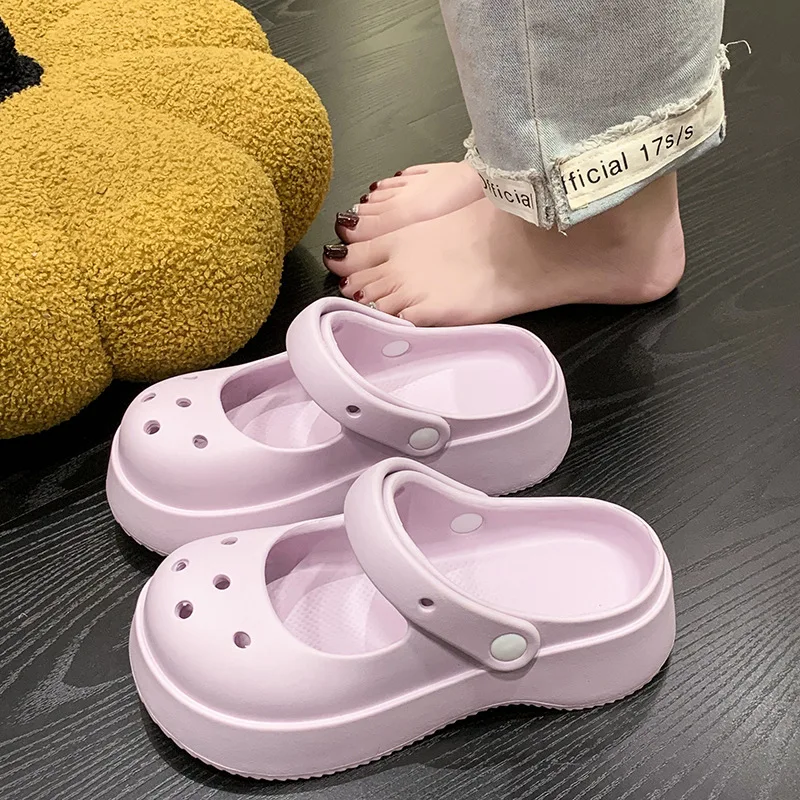 

Low House Slippers Platform Female Shoes Slides Fashion Cover Toe Beige Heeled Sandals 2023 Luxury Summer Black Scandals PU Fabr