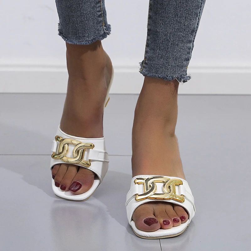 

Women's Slipper Sandals Shoes Women Gold Metal Chain Ladies Fashionable Casual Slippers Zapato Mujer High Heel Party Sandals