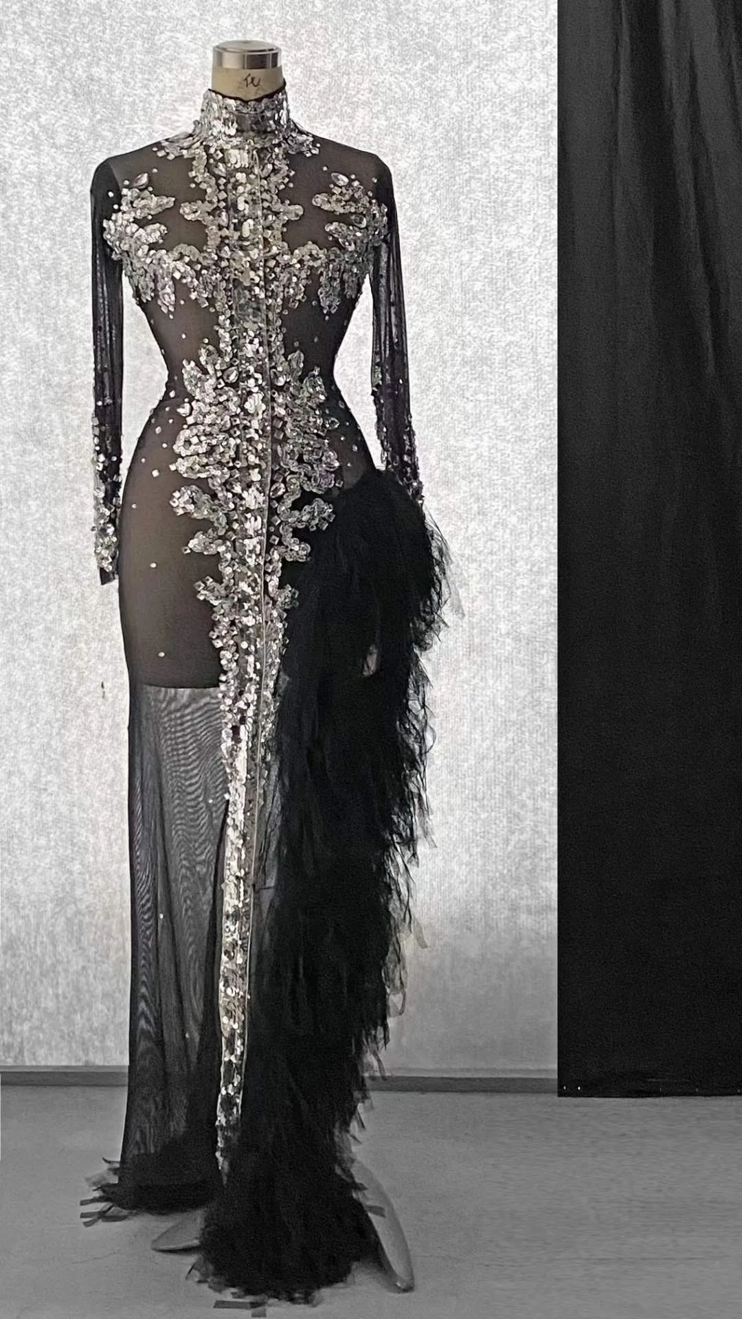 Black Gauze Perspective Shining Sequins Rhinestones Sexy High Slit Dress For Women Evening Celebrity Clothing Prom Stage Costume