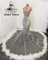 silver o neck long prom dress 2022 for black girl appliques graduation gowns feathers birthday party gown african robe de soiree