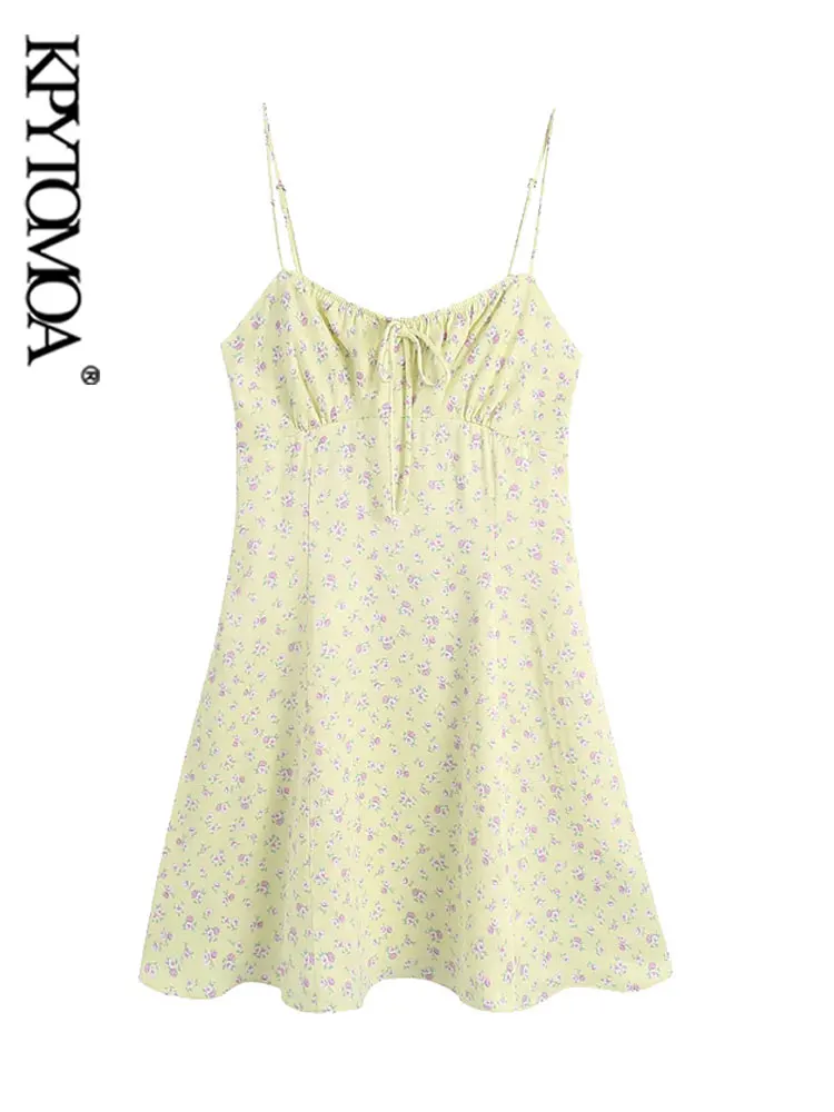 

KPYTOMOA Women Chic Fashion With Ties Floral Print Mini Dress Vintage Backless Elastic Thin Straps Female Dresses Mujer