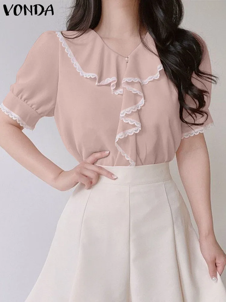 

Fashion 2023 Summer Short Sleeve Lace Patchwork Tops VONDA Women Shirts Casual Blouses Loose Buttons Ruffled Blusas Femininas