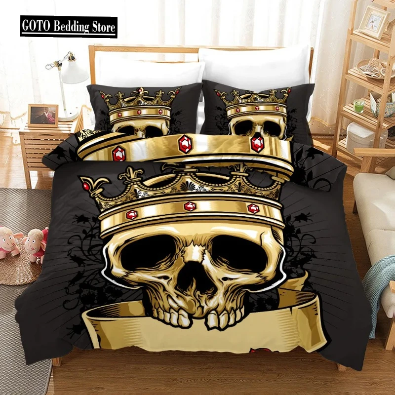 BEST.WENSD 3 Pcs Bed Set Queen Size Bedding Halloween Crown Skull Duvet Cover Pillow Cases Bedroom Gold 228x228