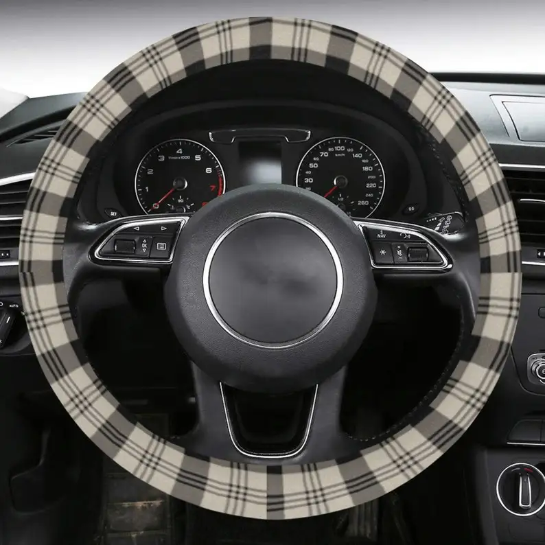 

Plaid Tartan Steering Wheel Cover with Anti-Slip Grey Checkered Check Squares Black Print Car Auto Wrap Protector Accessories