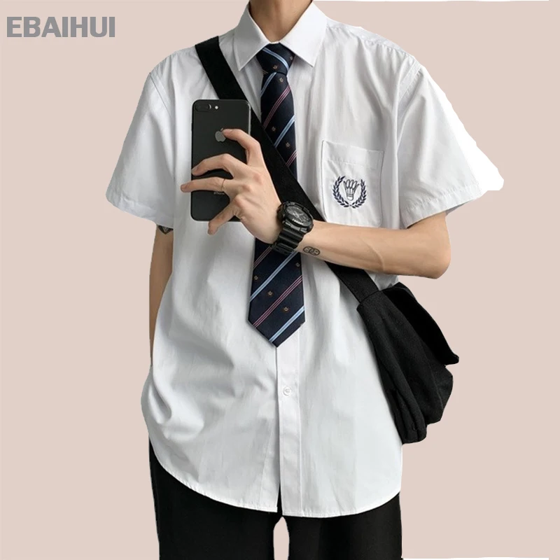 

EBAIHUI New Men Blouse DK Uniform College Style Long Sleeve White Shirts Loose Embroidery Couple JK Shirt Blusas Uniforms