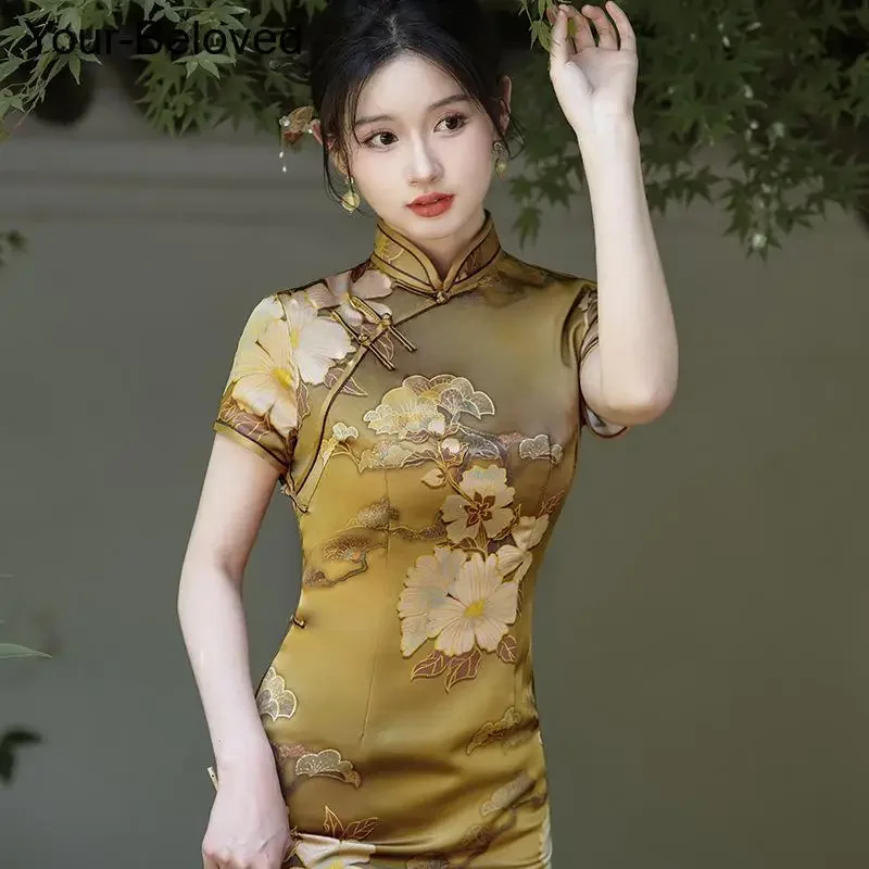 Женское вечернее банкетное платье Ципао больших размеров черное Cheongsam
