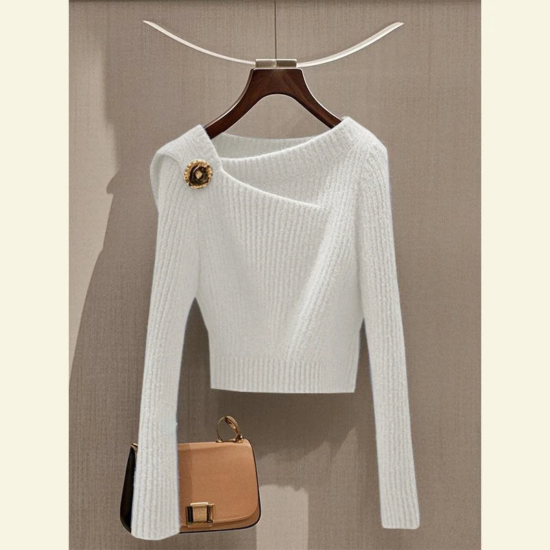 Осень 2024 новинка облегающий короткий дизайнерский свитер с наклонными плечами